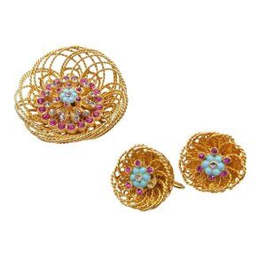 Vintage Gold-Tone Filigree Spun Wire Floral Brooch & Clip-On Earrings Set